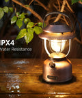 Rechargeable Vintage LED Camping Lantern With 15000mAh Battery, 1000 Lumen Output, IPX4 Waterproof, on wet wooden surface