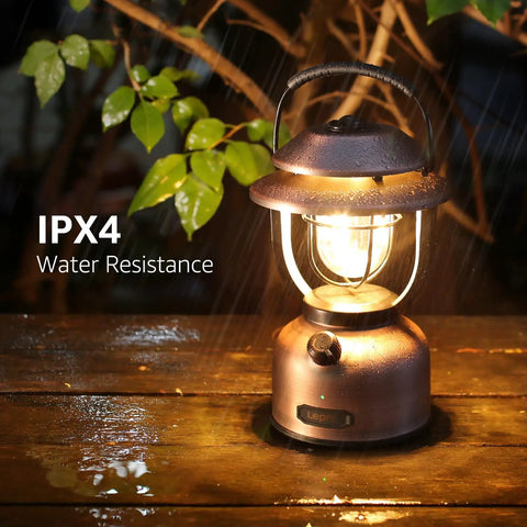 Rechargeable Vintage LED Camping Lantern With 15000mAh Battery, 1000 Lumen Output, IPX4 Waterproof, on wet wooden surface