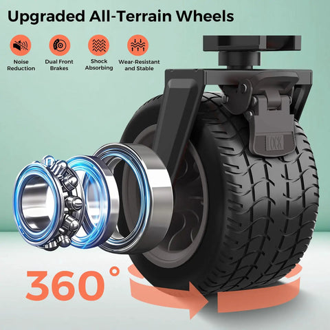 Close-up of upgraded all-terrain wheel for 3 In 1 Collapsible Wagon With Canopy, 230L capacity, foldable utility cart, black.