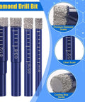 Four blue dry diamond drill bits with storage case; sizes 1/4 in, 5/16 in, 3/8 in, 1/2 in; includes 1/4 in hex shank