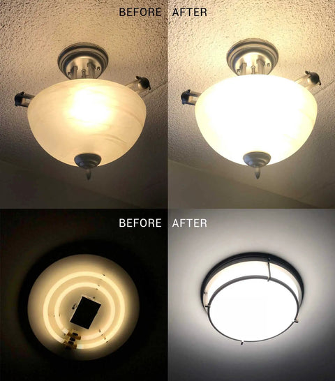 Before and after of ceiling fixture using Dimmable 17W LED Light Engine 5000K 1200 Lumens 120V Retrofit Kit For Ceiling Flush Ceiling Fan Pendant Lantern Garden 4 Inch PCB Size 5.39 Inch Overall Easy Install