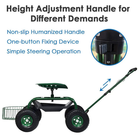 Rolling Garden Cart With Seat And Wheels Outdoor Garden Stool With Tool Tray And Basket 360 Degree Swivel Seat Adjustable Steering Handle Gardening Scooter For Lawn Yard And Patio Easy Tending And Mobility, side view with handle