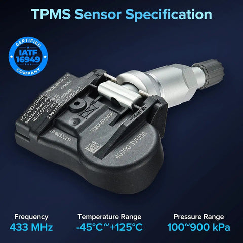 Dead Nuts Precise Street Swap Tire Pressure Sensor 433 Mhz showing specifications like frequency and temperature range.