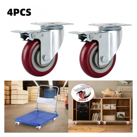 Heavy Duty Polyurethane Caster Wheels Set Of Four With Silent Swivel Rollers And Dual Locking Brakes For Tool Chests, featuring 360-degree swivel.