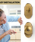 Person installing Antique Brass Door Knob With Deadbolt, Keyed Alike Exterior Lock Set, Zinc Alloy Front Door Hardware Built To Last