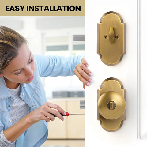 Person installing Antique Brass Door Knob With Deadbolt, Keyed Alike Exterior Lock Set, Zinc Alloy Front Door Hardware Built To Last