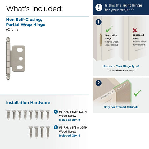 Slick Satin Nickel Decorative Ball Tip Cabinet Hinge For 3 4 Inch Doors partial wrap hinge with installation hardware included.