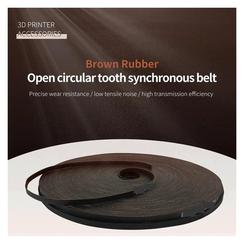 Brown rubber open circular tooth synchronous belt for 3D printers, durable and efficient transmission, GT2 9MM wide.