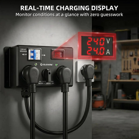 Nema 10-30 EV Charging Switch, Manual Splitter For Dryer Outlets, 240V 24A Max Draw with LCD monitor display.