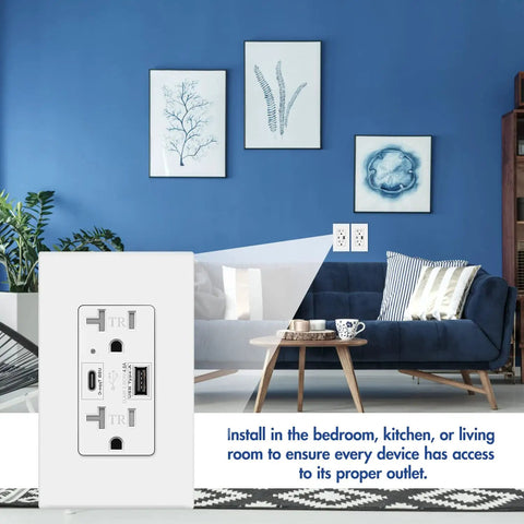 Turbo Fast Charge USB C Outlet With 24W Power Delivery And USB A Dual Port Receptacle 125 Volt 20 Amp in living room setting