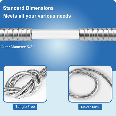 Close-up of a Stainless Steel Garden Hose Extension 3ft Short Hose With Female To Male Fittings showing tangle-free and never kink features.