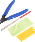 Close-up of Ten Piece Model Tools Craft Set For Beginners To Pros Modeler Building Kit with handy cutter, file, and cloth.