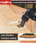 TrivdPro curved-edge oscillating tool blade installed in a multitool cutting wood.