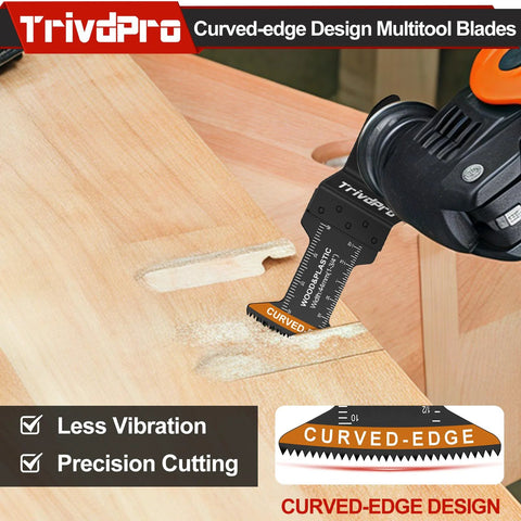 TrivdPro curved-edge oscillating tool blade installed in a multitool cutting wood.