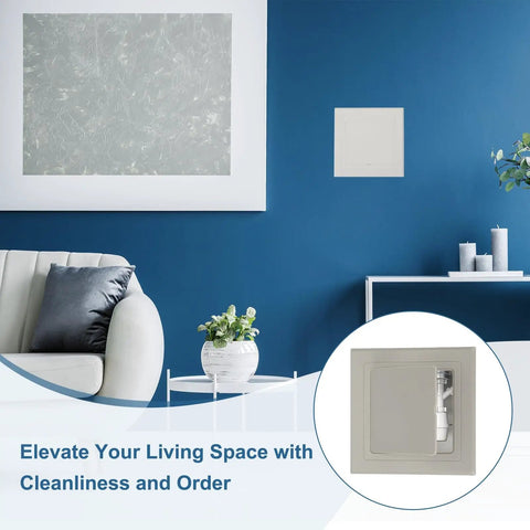 Straight Up Durable Two Pack Self Adhesive Access Panels For Drywall Walls Easy Peel Off Setup Abs Hole Covers For Plumbing Pipes And Electrical Wiring Light Grey installed in a modern living room.