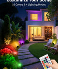 Outdoor RGB LED Flood Lights 10W Waterproof Security Lights With Remote US Plug 120 Degree Beam Color Changing Memory Ideal For Garden Backyard Garage Landscape Stage Decor 5 Pack illuminating a garden path