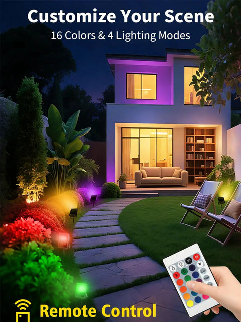 Outdoor RGB LED Flood Lights 10W Waterproof Security Lights With Remote US Plug 120 Degree Beam Color Changing Memory Ideal For Garden Backyard Garage Landscape Stage Decor 5 Pack illuminating a garden path