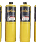 Beefy Gas Torch Cylinder Set 14.1 Oz Pack Of 4 With 3730 Fahrenheit High Temperature Flame For Soldering Brazing Metalwork Jewelry Making Roofing And Appliance Repair Projects, four yellow cylinders