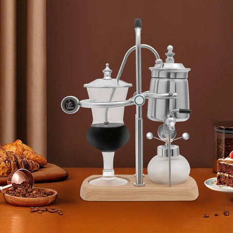 Slick Vintage Balance Syphon Coffee Maker Set featuring heavy duty stainless steel and borosilicate glass with coffee brewing.