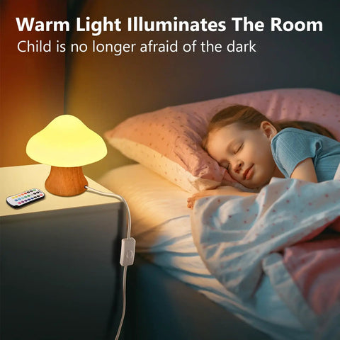 Wooden Mushroom Lamp With 16 Color Changing Options and Dual Remote Controls by a child's bed, creating a cozy night light