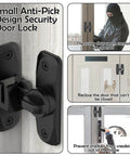 Small anti-pick design security door lock installed on various doors, showing protection against unauthorized access and child safety.