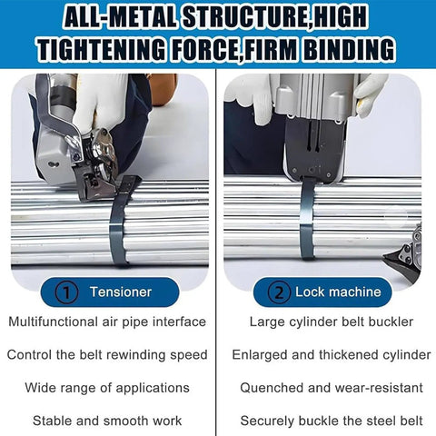 Heavy-Duty Pneumatic Steel Strapping Machine With Integrated Tensioner And Cutter in use, showing tensioning and locking steel straps.