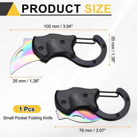 Mini Pocket Folding Knife With Carabiners 3Cr13 Stainless Steel 1.38 Inch Blade shown open and closed with dimensions.