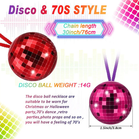 Disco Ball Necklaces 42 Pcs Multicolor Party Chain Set for 70S Disco Theme Halloween Christmas decorations showcase with info.