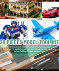 20 Piece Model Tool Kit For Gundam Plastic Models A Handy Hobby Builder Set with tools, car, building, robot, and plane models.