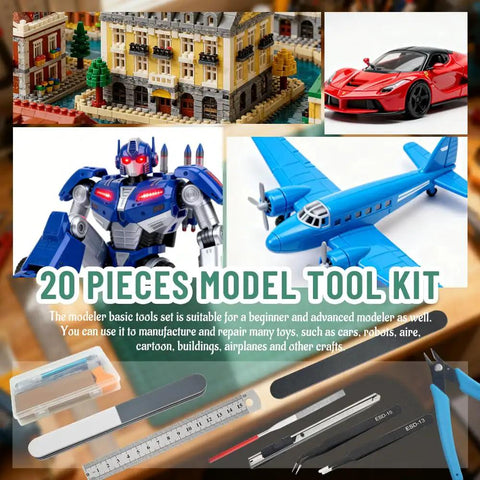 20 Piece Model Tool Kit For Gundam Plastic Models A Handy Hobby Builder Set with tools, car, building, robot, and plane models.