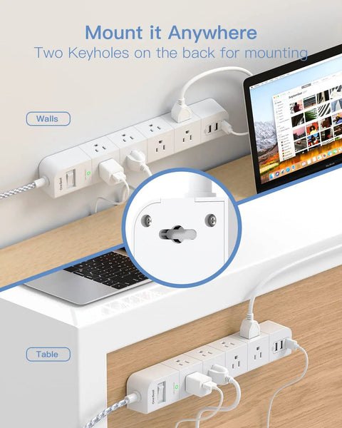 Must Have 10 Ft Extension Cord Power Strip With 8 AC Outlets And 3 USB Ports Flat Plug Desktop Charging Station shown on desk and wall