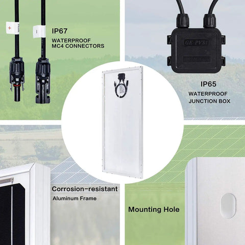 100 Watt Monocrystalline Solar Panel Kit For Off Grid Power In Homes, RVs, Boats And Cabins With connectors and junction box
