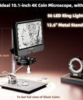 4K 30FPS HDMI Digital Microscope With 10.1 Inch Screen For Soldering And Coin Viewing 1500X Magnification mounted on 12.6-inch metal stand