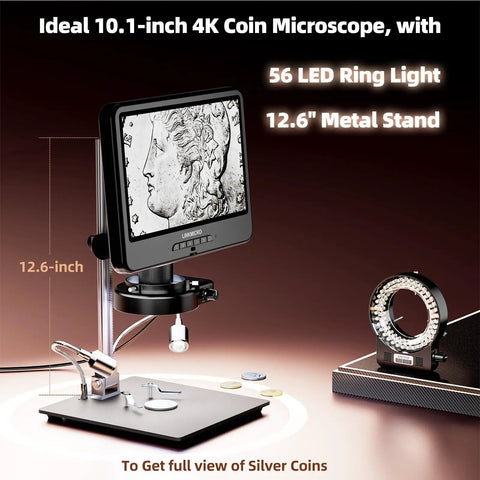 4K 30FPS HDMI Digital Microscope With 10.1 Inch Screen For Soldering And Coin Viewing 1500X Magnification mounted on 12.6-inch metal stand