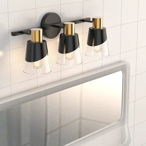 Beveled Edge Matte Black and Gold 3 Light Vanity Light for Bathroom Over Mirror Clear Glass Shade Wall Fixture Vintage Modern Farmhouse Vibe E26 Base Ready 20 Inch Long