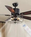 Industrial Caged Ceiling Fan Light With Remote Control 52 Inch Vintage Farmhouse Black Fandelier with wood blades