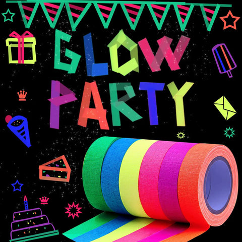 Neon UV Glow In The Dark Tape Set Six Color Party Ready Gaffer Cloth Adhesive Tape 0.6 Inch By 16.5 Feet For UV Party And Blacklight Projects