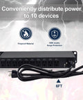 Front view of 10 Outlet 1U Rack Mount PDU With Individual Switches Surge Protector 100-240V 15A 1800J, 6 ft cord shown.