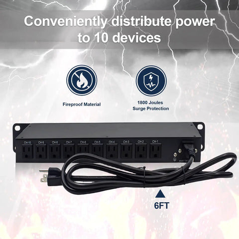 Front view of 10 Outlet 1U Rack Mount PDU With Individual Switches Surge Protector 100-240V 15A 1800J, 6 ft cord shown.