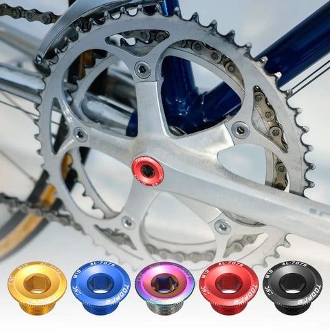 Two Pack M19 Bike Crank Cover Screws Aluminum Alloy Crank Fixing Bolts For Mountain Bike Crankset Arm Chainring Screws Black shown near bicycle crankset