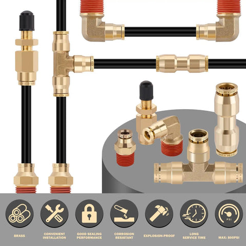 Brass DOT Air Line Fittings Kit With 100 Ft 1/4 In And 50 Ft 3/8 In Air Lines Push Lock Quick Connect NPT Fittings Pneumatic Tubing Set