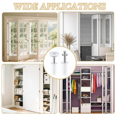 Image showing Six Piece Bi Fold Door Top Roller Guide Wheel And Top Pivot Spring Loaded Bifold Door Hardware Repair Kit installed in various door applications.