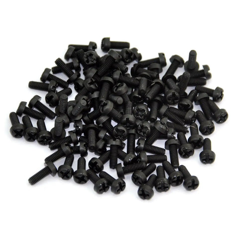 100 Pack Heavy Duty M3 X 8mm Black Nylon Machine Screws Featuring Phillips Slotted Pan Heads Crafted From Top Tier Polyamide Resin in a pile.