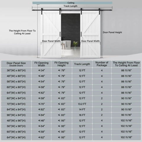 Rock Solid 72X84 K Shape Barn Door Crafted From Premium Kiln Dried MDF With Full Hardware Kit showing installation details and measurements.