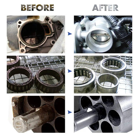 Before and after cleaning with 3L Ultrasonic Parts Cleaner With 200W Heating For Cleaning Carbs Injectors Jewelry Guns Brass And Small Parts Heavy Duty Pro Grade Digital Cleaning Machine For Home Garage Use Ideal For Workshops, showing components like carburetors, bearings, and metal parts restored to a clean state.