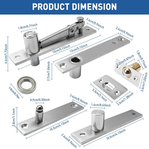 TamBee stainless steel hidden door hinge kit front view; 8-piece set with pivot hinge, ball catch, strike plates