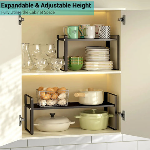 Stack Your Pantry Goods Without A Sweat, 2 Pack Expandable Cabinet Organizer Shelves, Adjustable Space Saving Heavy Duty Metal Storage Rack For Kitchen Cupboards And Under Sink, Sleek Black Finish, showcasing stacked dishes and storage.