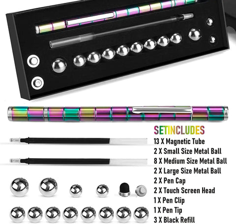 Magnetic Fidget Pen Decompression Toy For Teens And Kids with magnetic rings and steel balls, packaging layout.