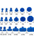 Auto Dent Repair Puller Kit With 18 Removal Tabs And Gaskets for SUVs and sports cars, showing various blue tab sizes and shapes.