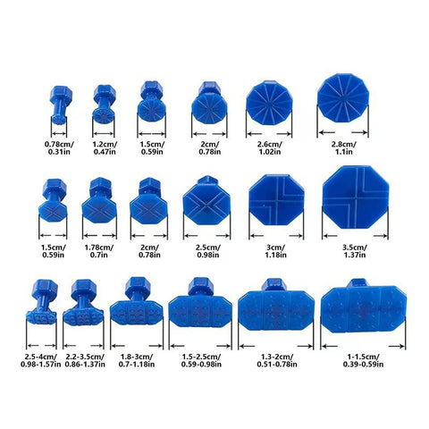 Auto Dent Repair Puller Kit With 18 Removal Tabs And Gaskets for SUVs and sports cars, showing various blue tab sizes and shapes.